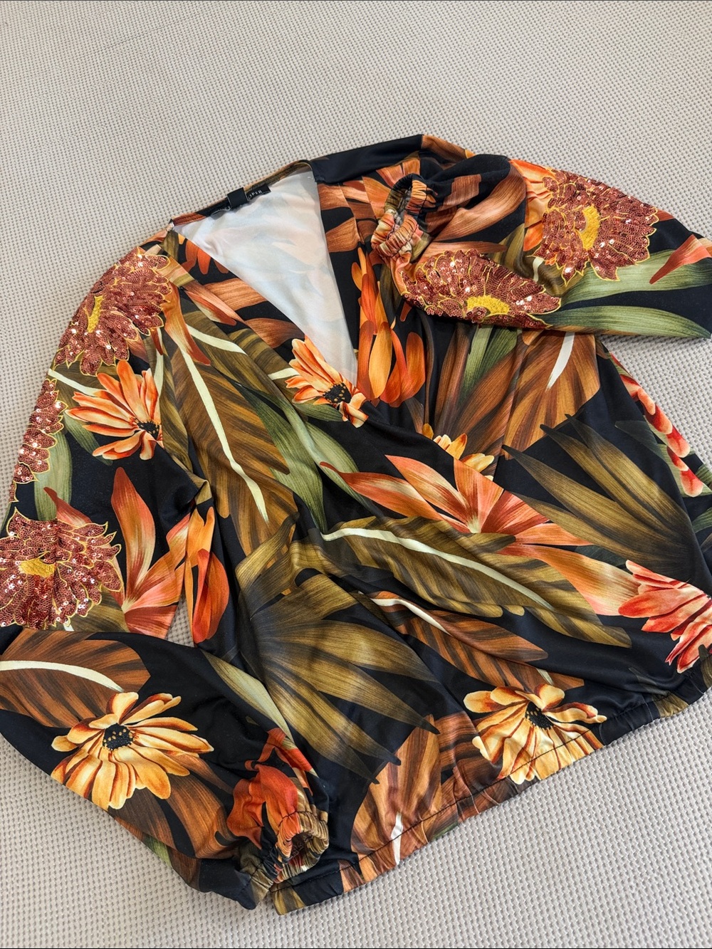 Boston Proper Black Floral Wrap Blouse with Orange & Green Leaf Print